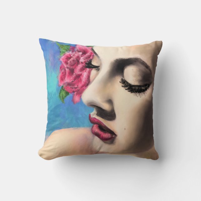 Beauty Woman with Red Rose - Original Painting Art Cushion (Front)