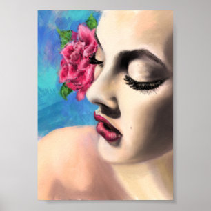 Beauty Woman with Red Rose - Original Painting Art Poster