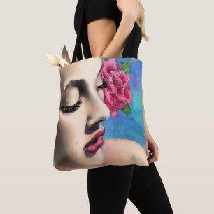 Beauty Woman with Red Rose - Original Painting Art Tote Bag