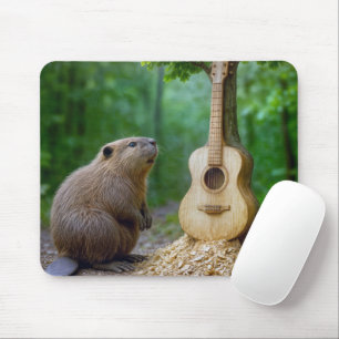 Beaver Admiring His Carved Guitar On a Tree Mouse Mat