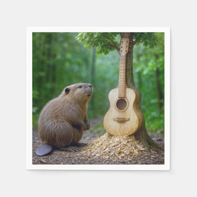 Beaver Admiring Its Guitar Tree Carving Napkin (Front)