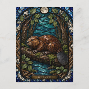 Beaver, Alder Leaf Stained Glass Postcard