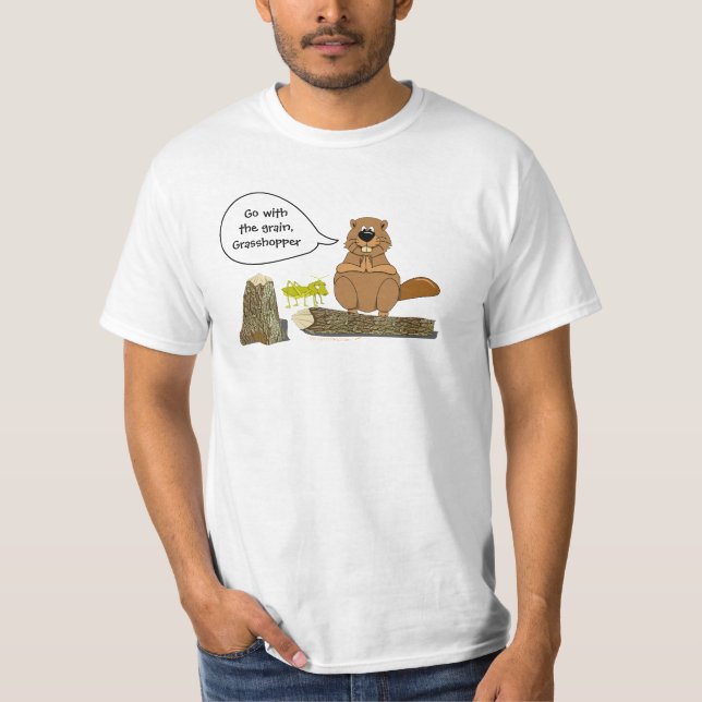 Beaver and Grasshopper Funny Woodturning Cartoon T-Shirt (Front)