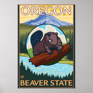 Beaver and Mount Hood Scene Vintage Travel Poster