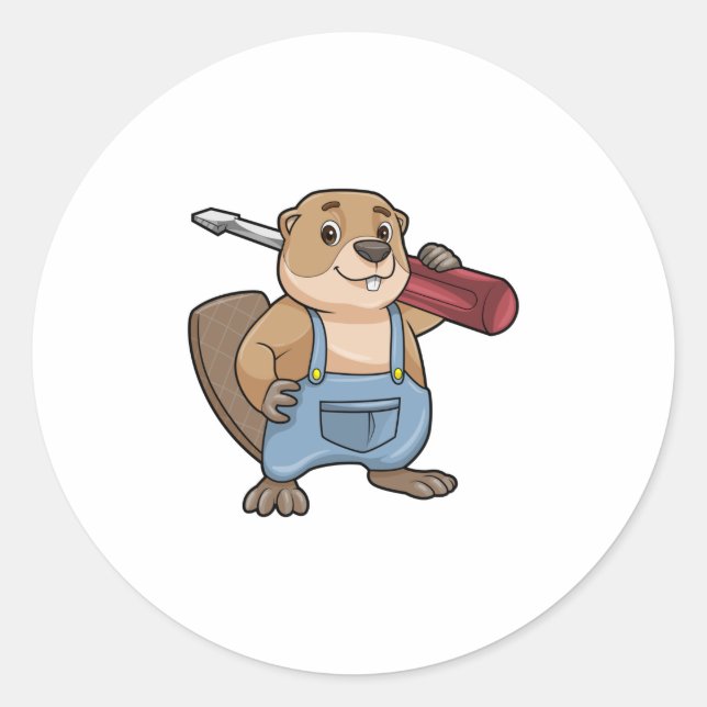 Beaver as Craftsman with Wrench Classic Round Sticker (Front)