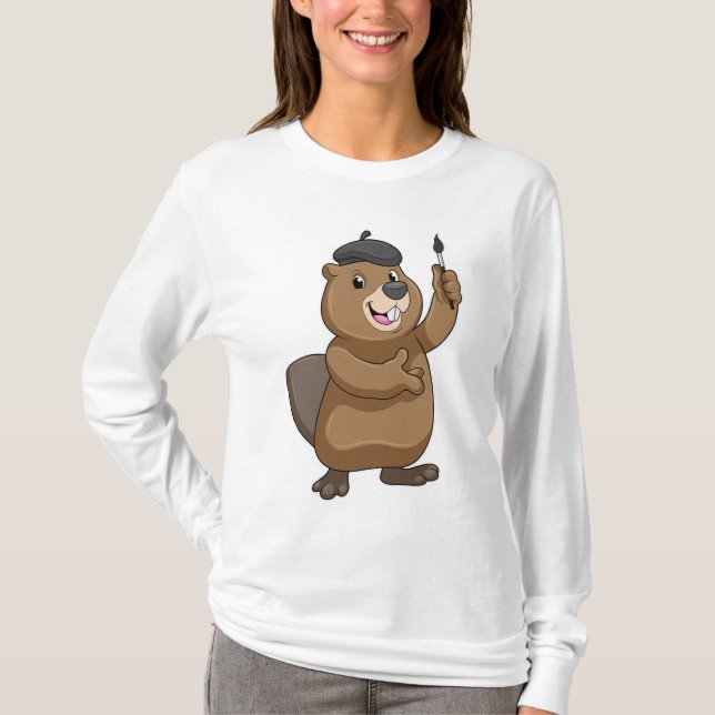 Beaver as Painter with Paint brush T-Shirt (Front)