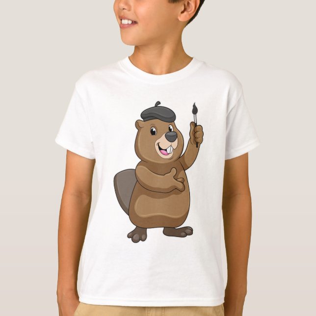 Beaver as Painter with Paint brush T-Shirt (Front)