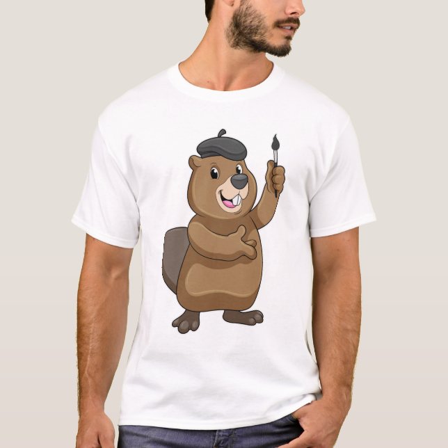 Beaver as Painter with Paint brush T-Shirt (Front)