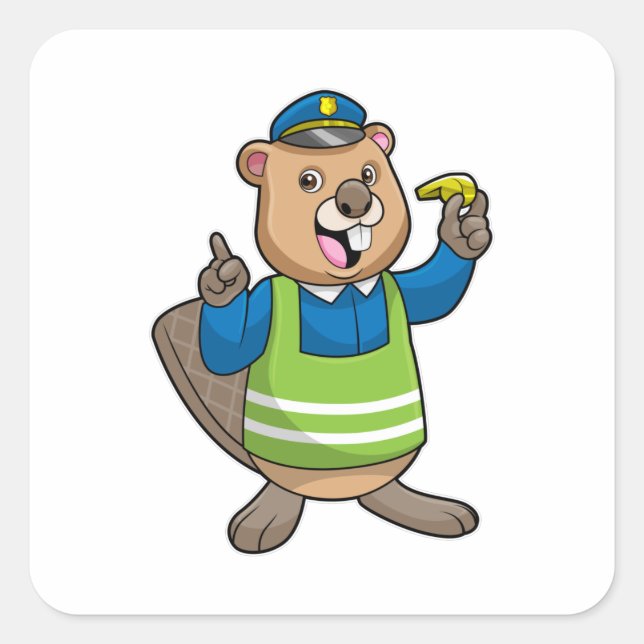 Beaver as Police officer with Whistle Square Sticker (Front)