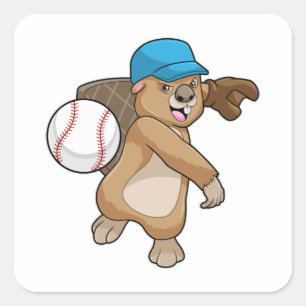 Beaver at Baseball Sports with Cap Square Sticker