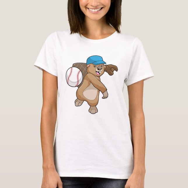Beaver at Baseball Sports with Cap T-Shirt (Front)