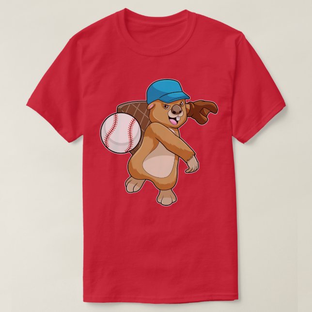 Beaver at Baseball Sports with Cap T-Shirt (Design Front)