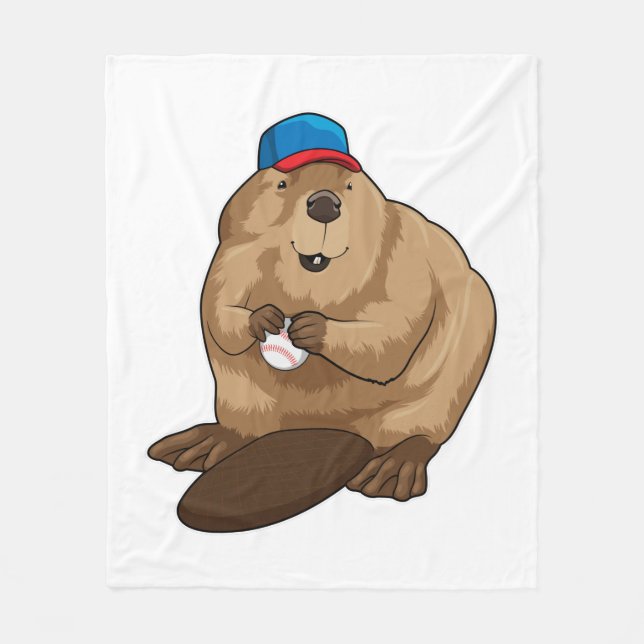 Beaver at Baseball with Baseball ball Fleece Blanket (Front)