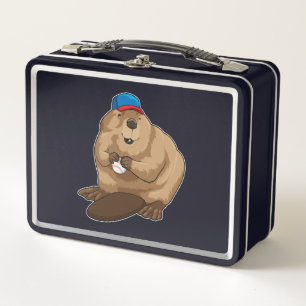 Beaver at Baseball with Baseball ball Metal Lunch Box
