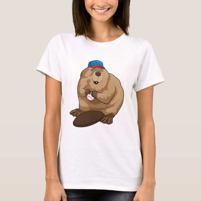 Beaver at Baseball with Baseball ball T-Shirt (Front)