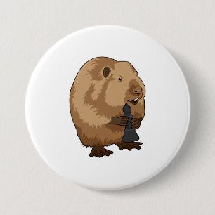 Beaver at Chess with Chess piece Bishop 7.5 Cm Round Badge