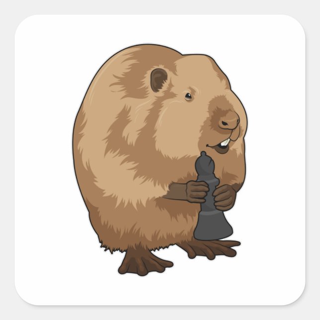 Beaver at Chess with Chess piece Bishop Square Sticker (Front)