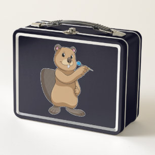 Beaver at Darts with Dart Metal Lunch Box
