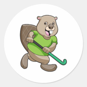 Beaver at Hockey with Hockey bat Classic Round Sticker