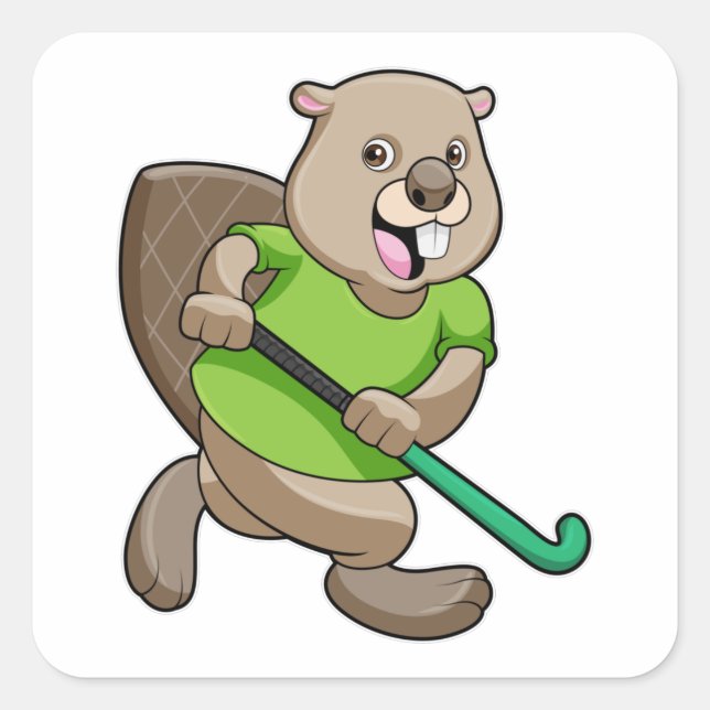 Beaver at Hockey with Hockey bat Square Sticker (Front)