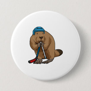 Beaver at Ice hockey with Ice hockey stick 7.5 Cm Round Badge