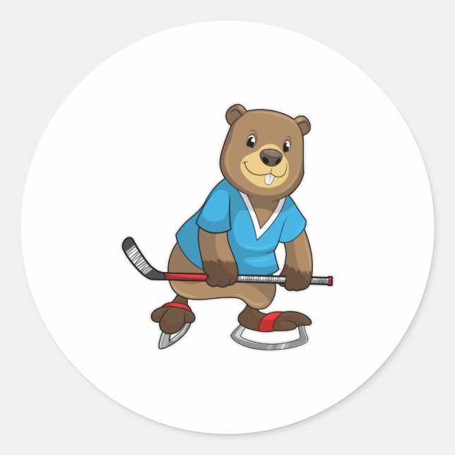 Beaver at Ice hockey with Ice hockey stick Classic Round Sticker (Front)