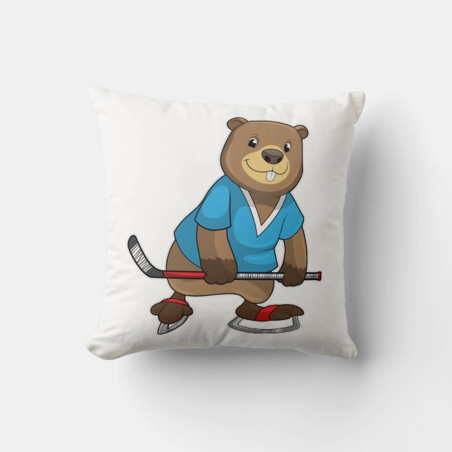 Beaver at Ice hockey with Ice hockey stick Cushion (Front)