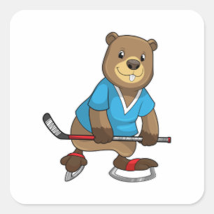 Beaver at Ice hockey with Ice hockey stick Square Sticker