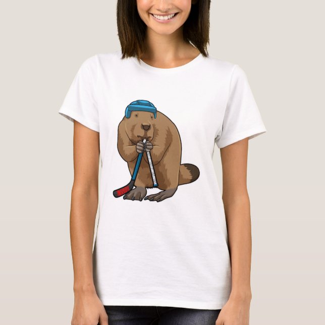 Beaver at Ice hockey with Ice hockey stick T-Shirt (Front)