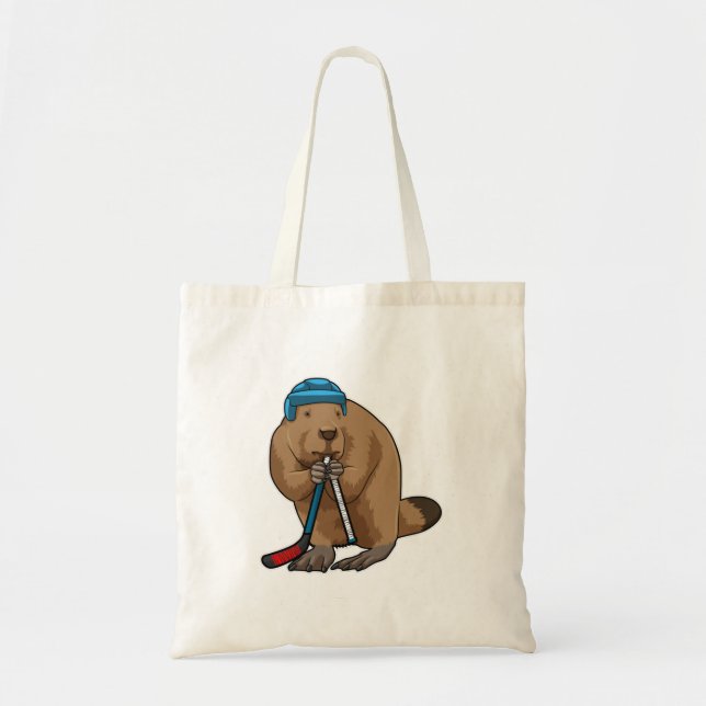 Beaver at Ice hockey with Ice hockey stick Tote Bag (Front)