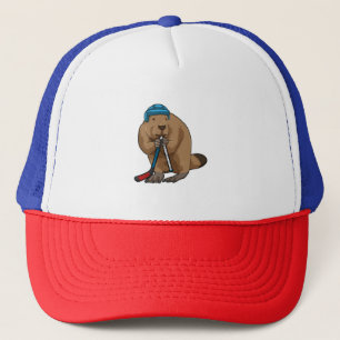 Beaver at Ice hockey with Ice hockey stick Trucker Hat