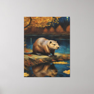 Beaver at night by Van Gogh AI Generated Canvas Print