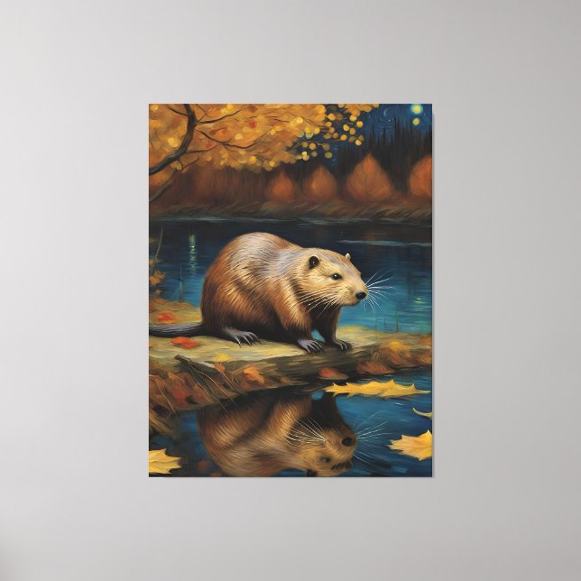 Beaver at night by Van Gogh AI Generated  Canvas Print (Front)