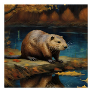 Beaver at night by Van Gogh AI Generated Poster