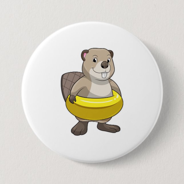Beaver at Swimming with Swim ring 7.5 Cm Round Badge (Front)