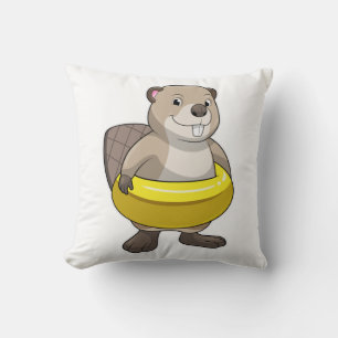 Beaver at Swimming with Swim ring Cushion