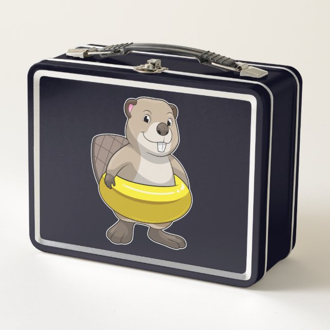 Beaver at Swimming with Swim ring Metal Lunch Box (Front)