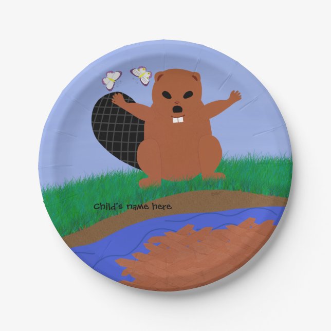 Beaver Building Dam Cartoon Art Dinner Plate (Front)