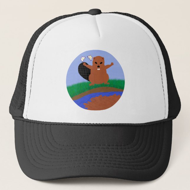 Beaver Building Dam Cartoon Art Trucker Hat (Front)