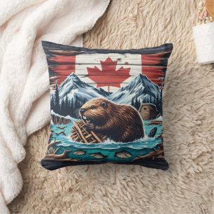 Beaver Building Dam in Canadian Wilderness Scene Cushion