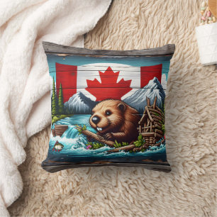 Beaver Building Dam Near Canadian Flag Cushion