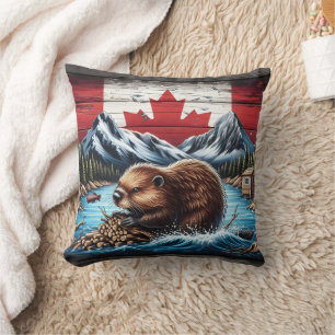 Beaver Building Dam With Canadian Flag Background Cushion