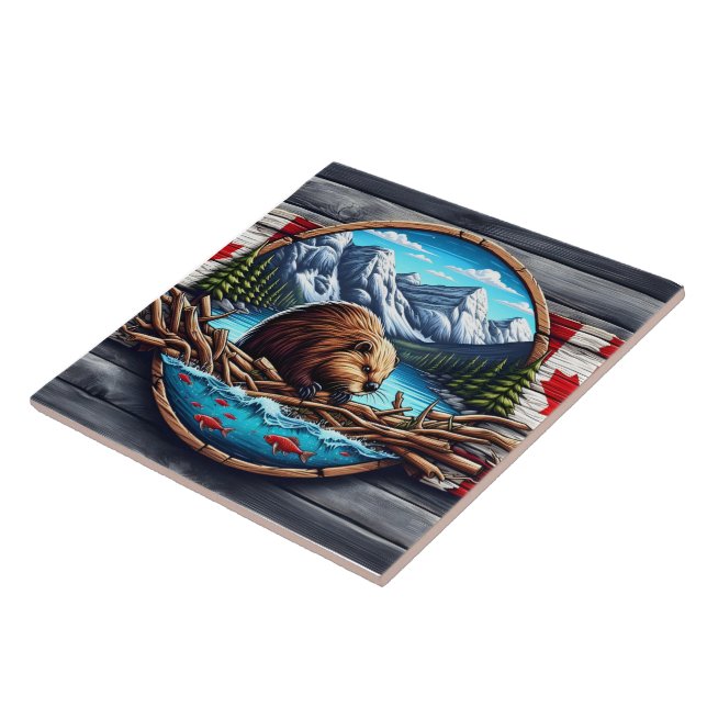 Beaver Building Lodge by Mountain Lake in Canada Tile (Side)