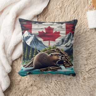 Beaver Building Lodge Near Canadian Flag at Dusk Cushion