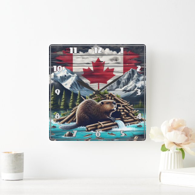 Beaver Building Lodge Near Canadian Flag at Dusk Square Wall Clock (Home)