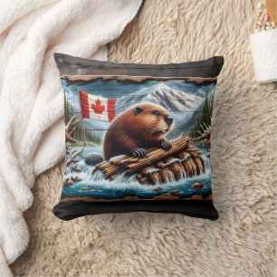 Beaver Builds Lodge by Mountain Stream Cushion
