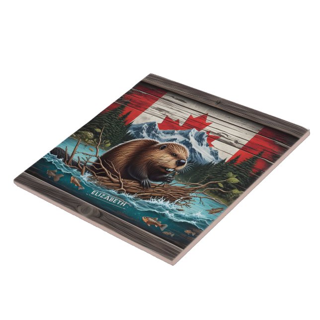 Beaver by Mountain, Canadian Flag Tile (Side)