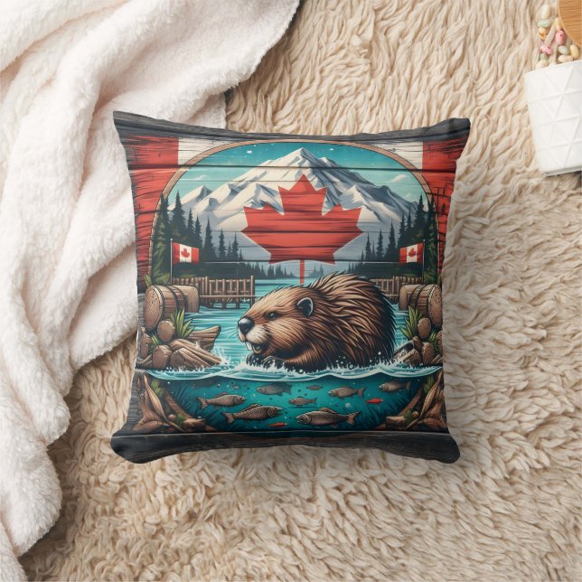Beaver by Tree, Canadian Pride Cushion (Blanket)