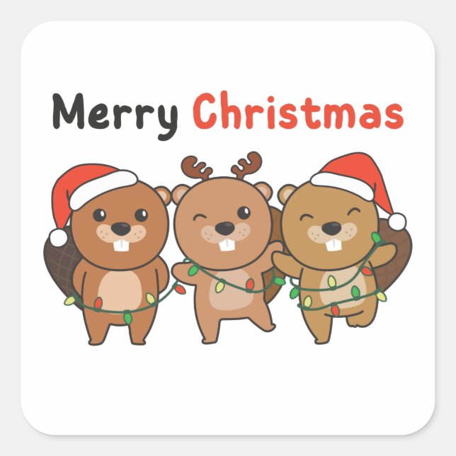 Beaver Christmas Animals Beavers Merry Christmas Square Sticker (Front)