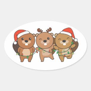 Beaver Christmas Christmas Animals Cute Beaver Cla Oval Sticker